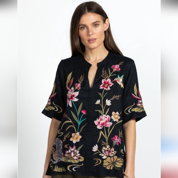 Johnny Was Tops - Johnny Was Maisie Easy V-Neck Linen Embroidered Tunic Top - Size M